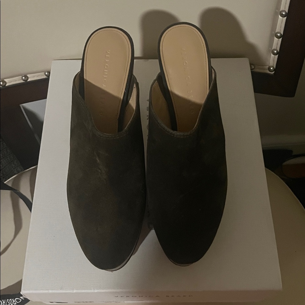 Veronica Beard Olive Suede Platform Mules